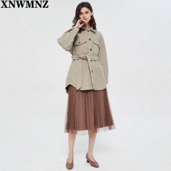 XNWMNZ Za Women 2020 Fashion With Belt Loose Woolen Jacket Coat Vintage Long Sleeve Side Pockets Female Outerwear Chic Overcoat