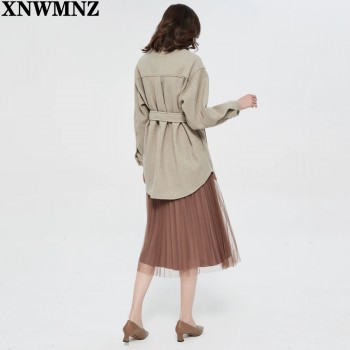 XNWMNZ Za Women 2020 Fashion With Belt Loose Woolen Jacket Coat Vintage Long Sleeve Side Pockets Female Outerwear Chic Overcoat