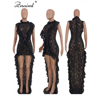  Floral Lace Sheer Cocktail Evening Dresses for Women - Ruffles Hem, Bodycon Maxi Dress
