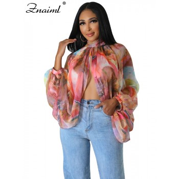 Printing Batwing Sleeve Chiffon Shirts Women's Tops Outfits with Sheer Front Split