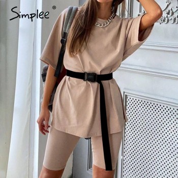 Simplee Casual solid women's two piece suits with belt 