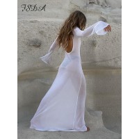 Long Sleeve Women Dress Backless Club See Through Mesh 2022 Summer Sexy Party Beach