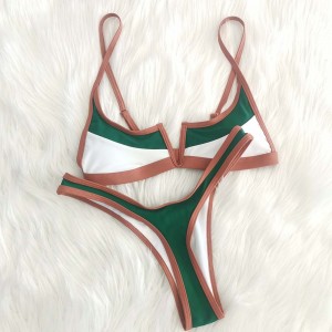 Retro Bikini Patchwork Swimsuit Thong Brazilian Sexy Swimwear Female 2022 New Summer Micro V-bar Green 