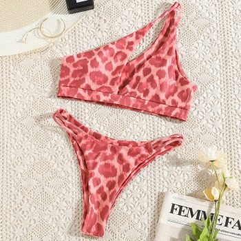 One-shoulder bikini set Leopard print swimsuit women Hollow out swimwear High cut bathing suit Pink