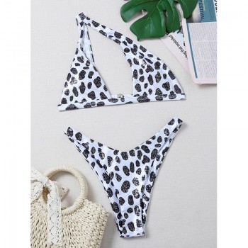 One-shoulder bikini set Leopard print swimsuit women Hollow out swimwear High cut bathing suit Pink