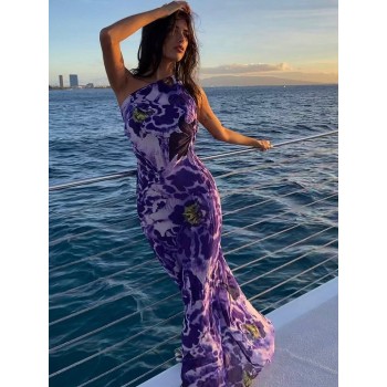 Maxi Dress One Shoulder 2022 Women Purple Orchid Print Long Summer Dresses Elegant Backless 