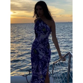 Maxi Dress One Shoulder 2022 Women Purple Orchid Print Long Summer Dresses Elegant Backless 
