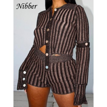 Nibber Streak Knit Two Piece Set Women Single Breasted Skinny Cardigan Tops+ Casual Stretchy Shorts Female Streetwear Suits