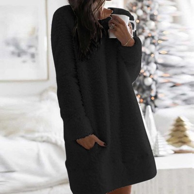  Elegant Winter Women's Warm Dress - O Neck Simple Casual Loose Plush Mini Dresses for a Warm Party Look