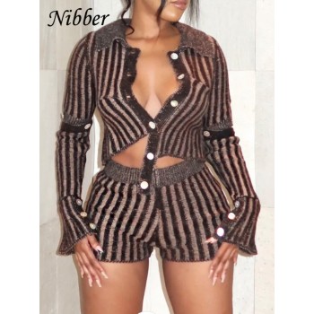 Nibber Streak Knit Two Piece Set Women Single Breasted Skinny Cardigan Tops+ Casual Stretchy Shorts Female Streetwear Suits