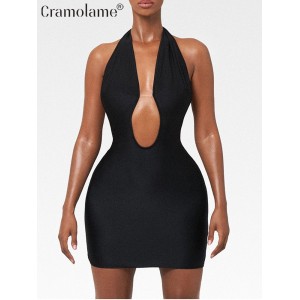 Halter Backless Sexy Mini Dress Women Hollow Out Y2K Black Party Night Club Bodycon 