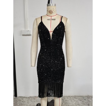 One Shoulder Sequins Bodycon Dress Women's Elegant Night Party Dress Sexy Sequin Tassel Cocktail Mid Backless 