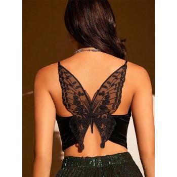 Butterfly Embroidery Mesh Velvet Cami Top Women Club Solid V-neck Sleeveless Spaghetti Strap Crop Top Party