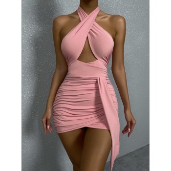 Summer Women Criss Cross Neck Party Dresses Women Halter Ruched Hollow Out Night Club Party Dress Outfit Skinny Mini Dress