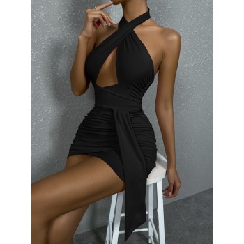 Summer Women Criss Cross Neck Party Dresses Women Halter Ruched Hollow Out Night Club Party Dress Outfit Skinny Mini Dress