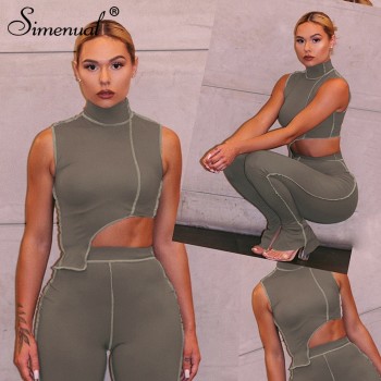 Simenual Casual Sporty Active Wear Matching Set Women Sleeveless Workout Bodycon 2 Piece Outfits Skinny Crop Top and Pants Sets