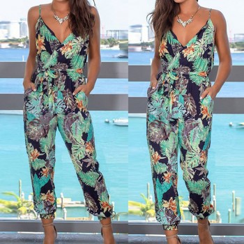 Womail bodysuit Women Summer Sleeveless Print V-Neck Long Jumpsuit Wide Leg Jumpsuit fashion Holiday Vacation Casual 2019 M530