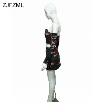 ZJFZML Camouflage Print Sexy 2 Piece Set Women Off Shoulder Slash Neck Sheath Dress Autumn Deep V-Neck Full Sleeve Mini Dress