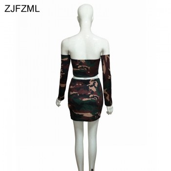 ZJFZML Camouflage Print Sexy 2 Piece Set Women Off Shoulder Slash Neck Sheath Dress Autumn Deep V-Neck Full Sleeve Mini Dress