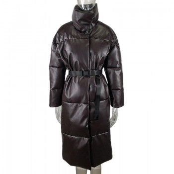 Winter Warm Leather Parkas Women Fashion Straight Loose Pockets Coats Women Elegant Long Cotton Jackets Female Ladies
