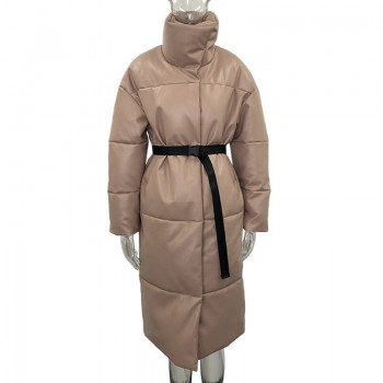Winter Warm Leather Parkas Women Fashion Straight Loose Pockets Coats Women Elegant Long Cotton Jackets Female Ladies