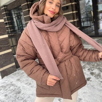 CP Casual Loose Arygle Hooded Parkas Women Fashion Solid Thick Short Coats Women Elegant Tie Belt Cotton Jackets Female Ladies