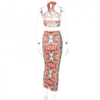 Women Summer 2021 2 Two Pieces Sets Sexy Tie Dye Print Top High Waist Bodycon Elegant Midi 