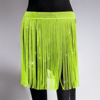 Long Skirt Rave Outfits 2022 Summer Heavy Drilling Rhinestones Tassel Skirts Women High Waist 