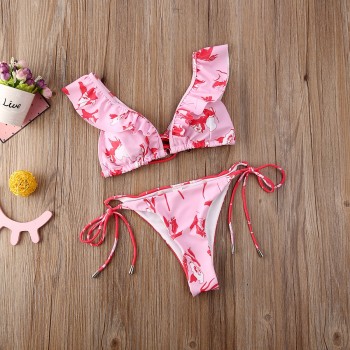 Summer Beach Women Halter Bandage Floral Print Bikini Set Push Up Padded Flower Ruffled Swimwear