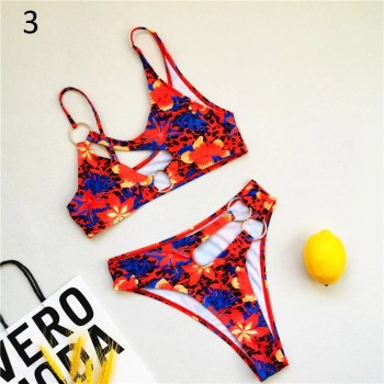 African Style Bikini Bathing Suit Sexy Cut Out Swimwear Chain Ring Swimming Suit for Women Two Piece Swimsuit Floral Biquini