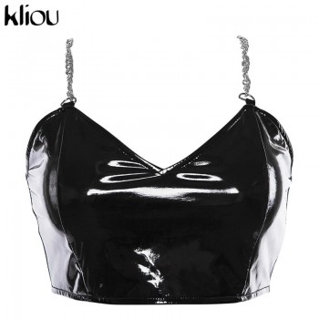 Sexy v-neck pu leather metal chain strap crop camis cleavage new fashion sexy female spangly back zipper