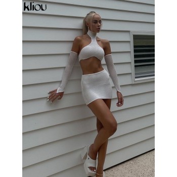 Mesh Two Piece Set Women Summer Sexy Halter Bodysuit+Mini Skirt 