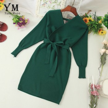 YuooMuoo Autumn Winter Women Knitted Sweater Dress 2020 New Korean Long Batwing Sleeve V Neck Elegant Dress Ladies Bandage Dress