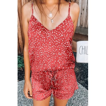 Red Dotted Satin Cami And Shorts Pajamas Set White