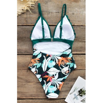Teal and Floral Scalloped One-Piece Swimsuit