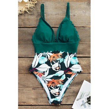 Teal and Floral Scalloped One-Piece Swimsuit