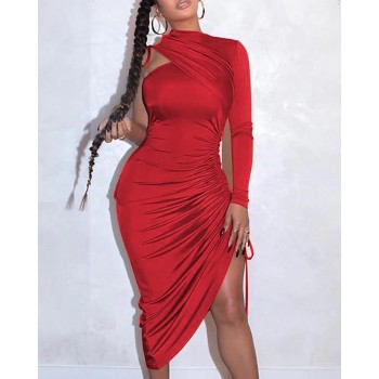 Sexy One Shoulder Drawstring Ruched Bodycon Dress Women Solid Long Sleeve Mid-calf Night Club Party Dress