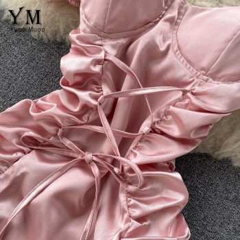 YuooMuoo Ins Fashion Sexy Mini Bandage Dress Women 2020 Summer Slim Ruched Club Dress Sheath Off Shoulder Pink White Dress