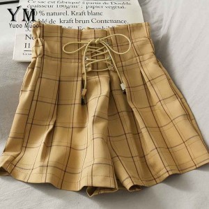 YuooMuoo Ins Fashion High Waist Bandage Shorts Women 2020 Summer Vintage Plaid Wide Leg Short Pants Loose Girl Shorts Feminino