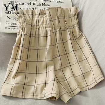 YuooMuoo Ins Fashion High Waist Bandage Shorts Women 2020 Summer Vintage Plaid Wide Leg Short Pants Loose Girl Shorts Feminino