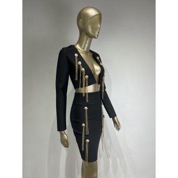  Long Sleeve Black Chain Two Piece Bodycon Women Summer Bandage Dress 2023 Designer Fashion Party Dress