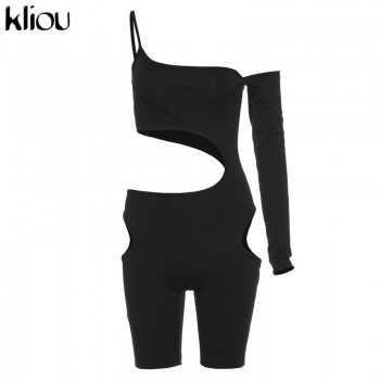 Kliou hollow out black solid playsuit one-shoulder asymmetric sleeve beach style rompers slash neck Skinny streetwear bodysuit