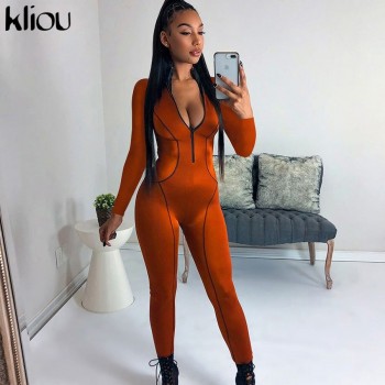 Kliou orange Sexy Bodycon fitness tracksuit Jumpsuit 2020Long Sleeve Zipper turtleneck Bodysuit Elegant street elastic bodymujer