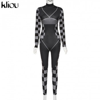 Kliou woman fashion 3D print high quality slim jumpsuit mujer 2020 elastic tracksuit fitness bodysuit casual street black outfit