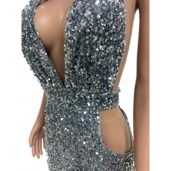 Sequin Halter Mini Dress Women Sexy V-nek Backless Party Club Dresses Sleeveless Hollow Out Birthday