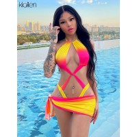 Bodysuit and Skirt Suit Holiday Beachwear Gradient Hollow Out Sexy Lace Up Cut Out Cleavage Two Piece Set Women