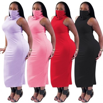Sleeveless Maxi Dress with Face Mask Red Purple Pink Black