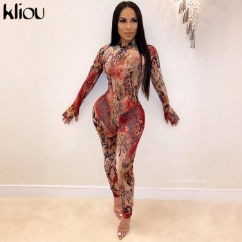 Kliou women sexy mesh fabric jumpsuit skinny hollow out rompers 2020 spring female sexy party club full sleeve long bodysuits