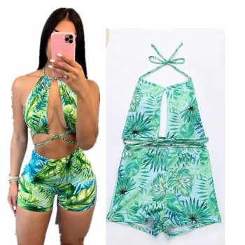 Backless Halter Swimsuit Two Piece Padded Swimwear with Boyleg String Wrap Sexy Swimming Suit for Women Fahsion Beachwear