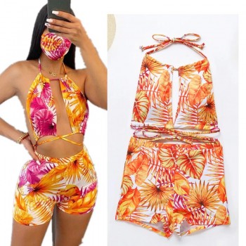 Backless Halter Swimsuit Two Piece Padded Swimwear with Boyleg String Wrap Sexy Swimming Suit for Women Fahsion Beachwear